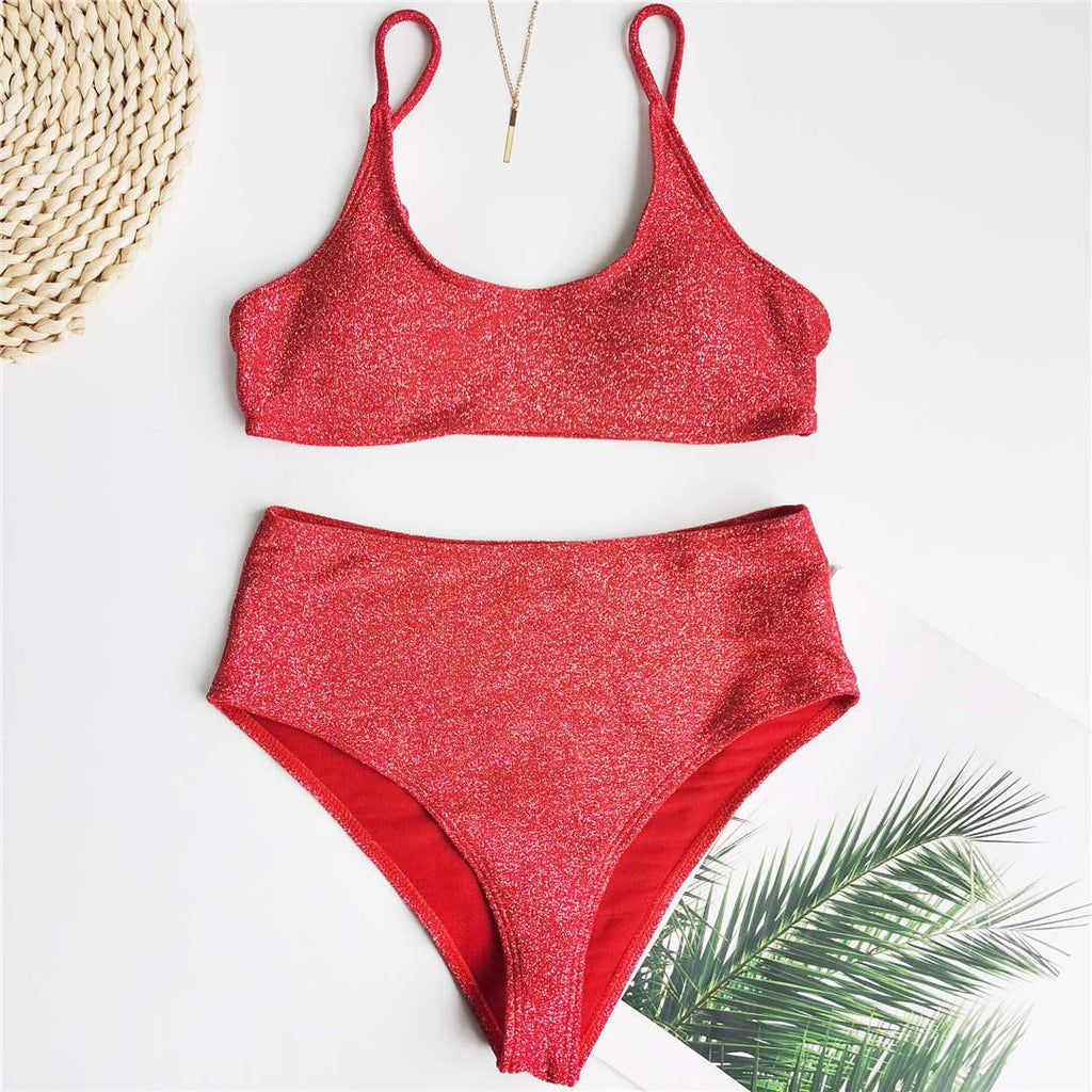 Glitter Sparkling Female Swimsuit High Waist Bikini Women's High Waist Bikinis Party Glitter Scoop Neck Crop Top Swimsuits Two Piece Bathing Suit Women Swimwear Two-pieces Bikini Set Summer Swim Suit Stevvex