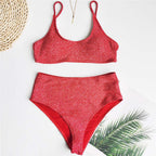 Glitter Sparkling Female Swimsuit High Waist Bikini Women's High Waist Bikinis Party Glitter Scoop Neck Crop Top Swimsuits Two Piece Bathing Suit Women Swimwear Two-pieces Bikini Set Summer Swim Suit Stevvex