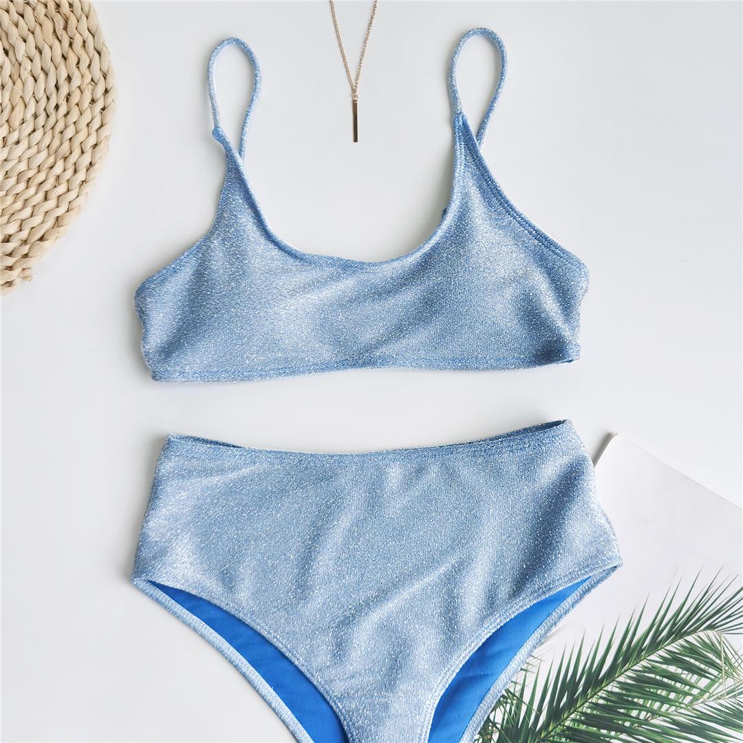 Glitter Sparkling Female Swimsuit High Waist Bikini Women's High Waist Bikinis Party Glitter Scoop Neck Crop Top Swimsuits Two Piece Bathing Suit Women Swimwear Two-pieces Bikini Set Summer Swim Suit Stevvex