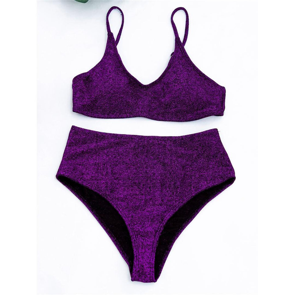 Glitter Sparkling Female Swimsuit High Waist Bikini Women's High Waist Bikinis Party Glitter Scoop Neck Crop Top Swimsuits Two Piece Bathing Suit Women Swimwear Two-pieces Bikini Set Summer Swim Suit Stevvex