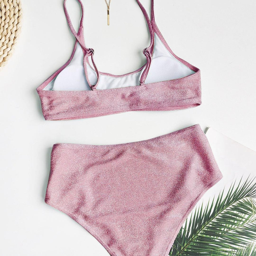 Glitter Sparkling Female Swimsuit High Waist Bikini Women's High Waist Bikinis Party Glitter Scoop Neck Crop Top Swimsuits Two Piece Bathing Suit Women Swimwear Two-pieces Bikini Set Summer Swim Suit Stevvex