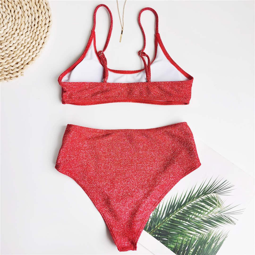 Glitter Sparkling Female Swimsuit High Waist Bikini Women's High Waist Bikinis Party Glitter Scoop Neck Crop Top Swimsuits Two Piece Bathing Suit Women Swimwear Two-pieces Bikini Set Summer Swim Suit Stevvex