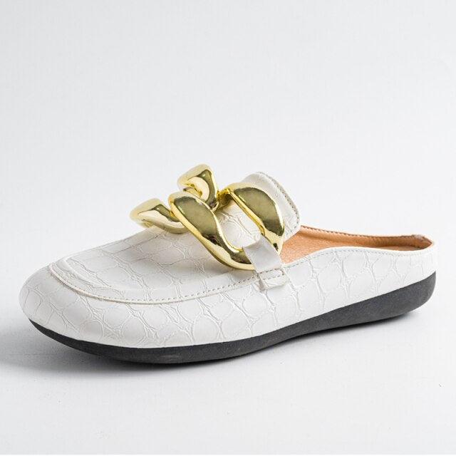 Gold Chain Women Slipper Closed Toe Slip On Mules Shoes Round Toe Low Heels Casual Slides Flat Mules Comfortable Slides Mules Shoes Ladies Slip-On Luxury Shoes Stevvex
