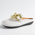 Gold Chain Women Slipper Closed Toe Slip On Mules Shoes Round Toe Low Heels Casual Slides Flat Mules Comfortable Slides Mules Shoes Ladies Slip-On Luxury Shoes Stevvex