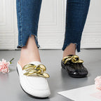 Gold Chain Women Slipper Closed Toe Slip On Mules Shoes Round Toe Low Heels Casual Slides Flat Mules Comfortable Slides Mules Shoes Ladies Slip-On Luxury Shoes Stevvex