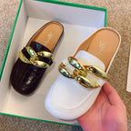 Gold Chain Women Slipper Closed Toe Slip On Mules Shoes Round Toe Low Heels Casual Slides Flat Mules Comfortable Slides Mules Shoes Ladies Slip-On Luxury Shoes Stevvex