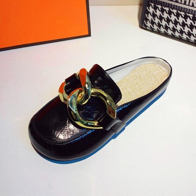 Gold Chain Women Slipper Closed Toe Slip On Mules Shoes Round Toe Low Heels Casual Slides Flat Mules Comfortable Slides Mules Shoes Ladies Slip-On Luxury Shoes Stevvex
