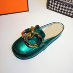 Gold Chain Women Slipper Closed Toe Slip On Mules Shoes Round Toe Low Heels Casual Slides Flat Mules Comfortable Slides Mules Shoes Ladies Slip-On Luxury Shoes Stevvex
