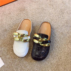 Gold Chain Women Slipper Closed Toe Slip On Mules Shoes Round Toe Low Heels Casual Slides Flat Mules Comfortable Slides Mules Shoes Ladies Slip-On Luxury Shoes Stevvex