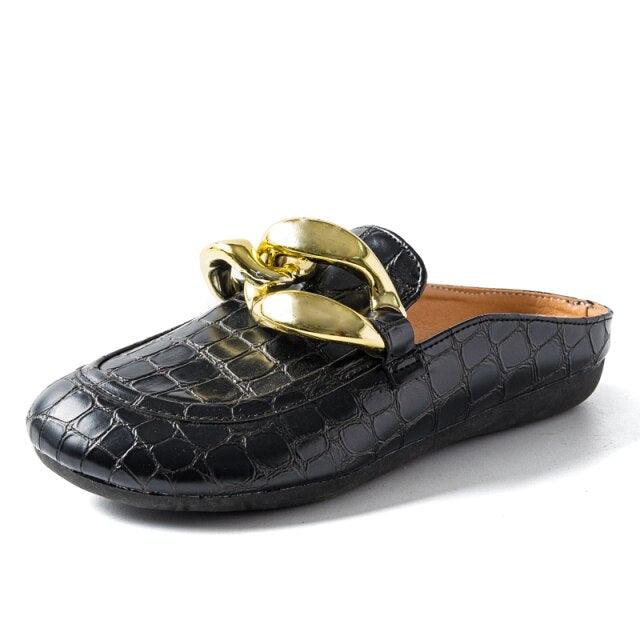 Gold Chain Women Slipper Closed Toe Slip On Mules Shoes Round Toe Low Heels Casual Slides Flat Mules Comfortable Slides Mules Shoes Ladies Slip-On Luxury Shoes Stevvex