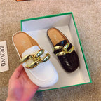 Gold Chain Women Slipper Closed Toe Slip On Mules Shoes Round Toe Low Heels Casual Slides Flat Mules Comfortable Slides Mules Shoes Ladies Slip-On Luxury Shoes Stevvex