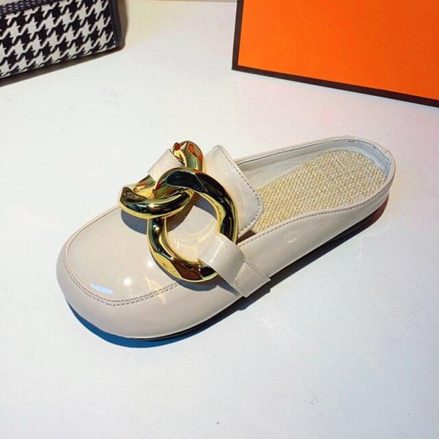 Gold Chain Women Slipper Closed Toe Slip On Mules Shoes Round Toe Low Heels Casual Slides Flat Mules Comfortable Slides Mules Shoes Ladies Slip-On Luxury Shoes Stevvex