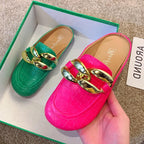 Gold Chain Women Slipper Closed Toe Slip On Mules Shoes Round Toe Low Heels Casual Slides Flat Mules Comfortable Slides Mules Shoes Ladies Slip-On Luxury Shoes Stevvex