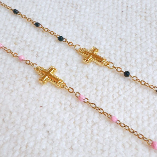 Gold Dainty Cross Chain Bracelet With Black Beads Adjustable