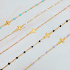 Gold Dainty Cross Chain Bracelet With Black Beads Adjustable