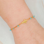 Gold Dainty Cross Chain Bracelet With Black Beads Adjustable