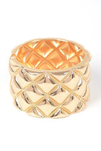 Gold Embossed Hinged Bangle Bracelet Wide Quilted Cuff