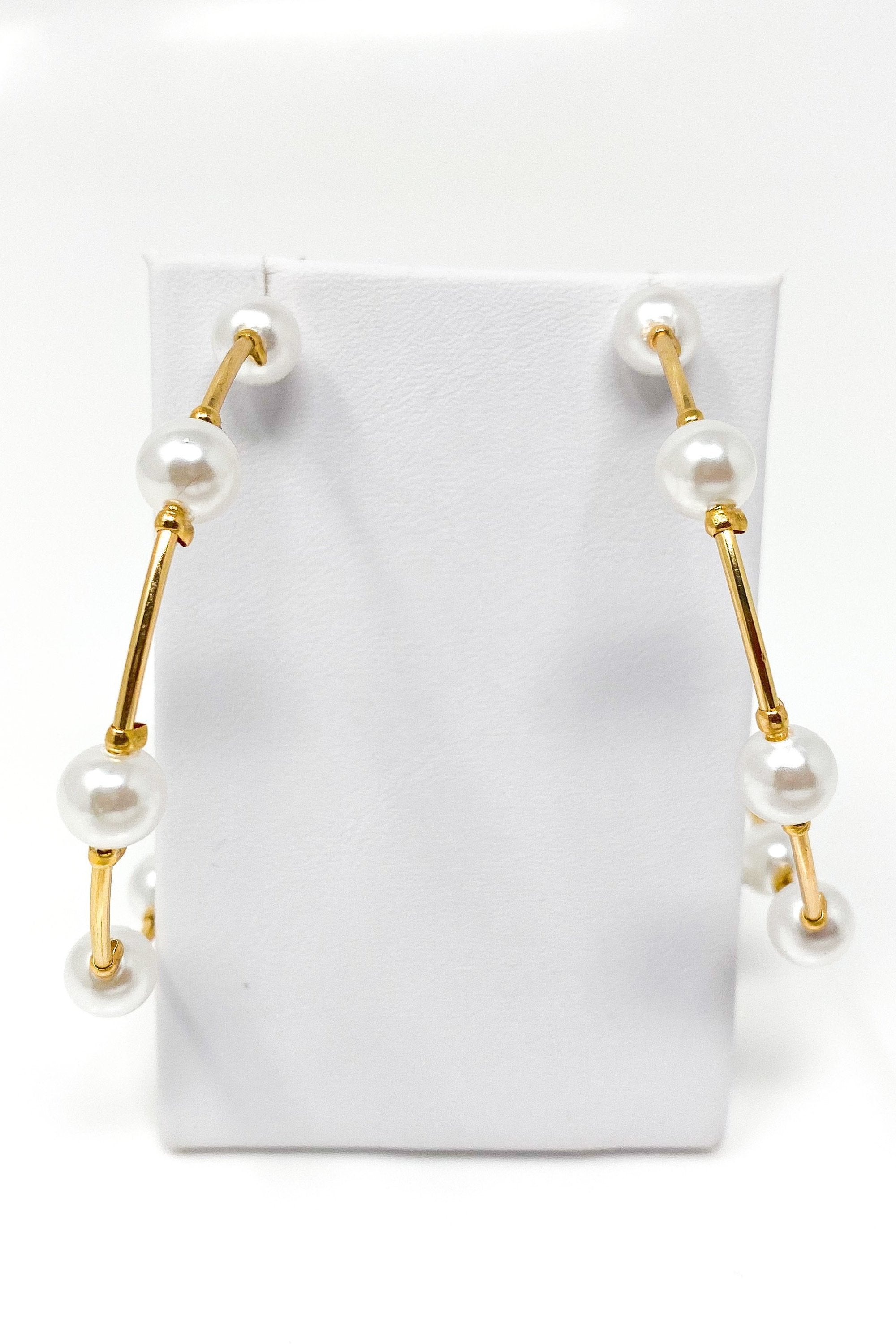 Gold Pearl Hoop Earrings Elegant Classic Lightweight