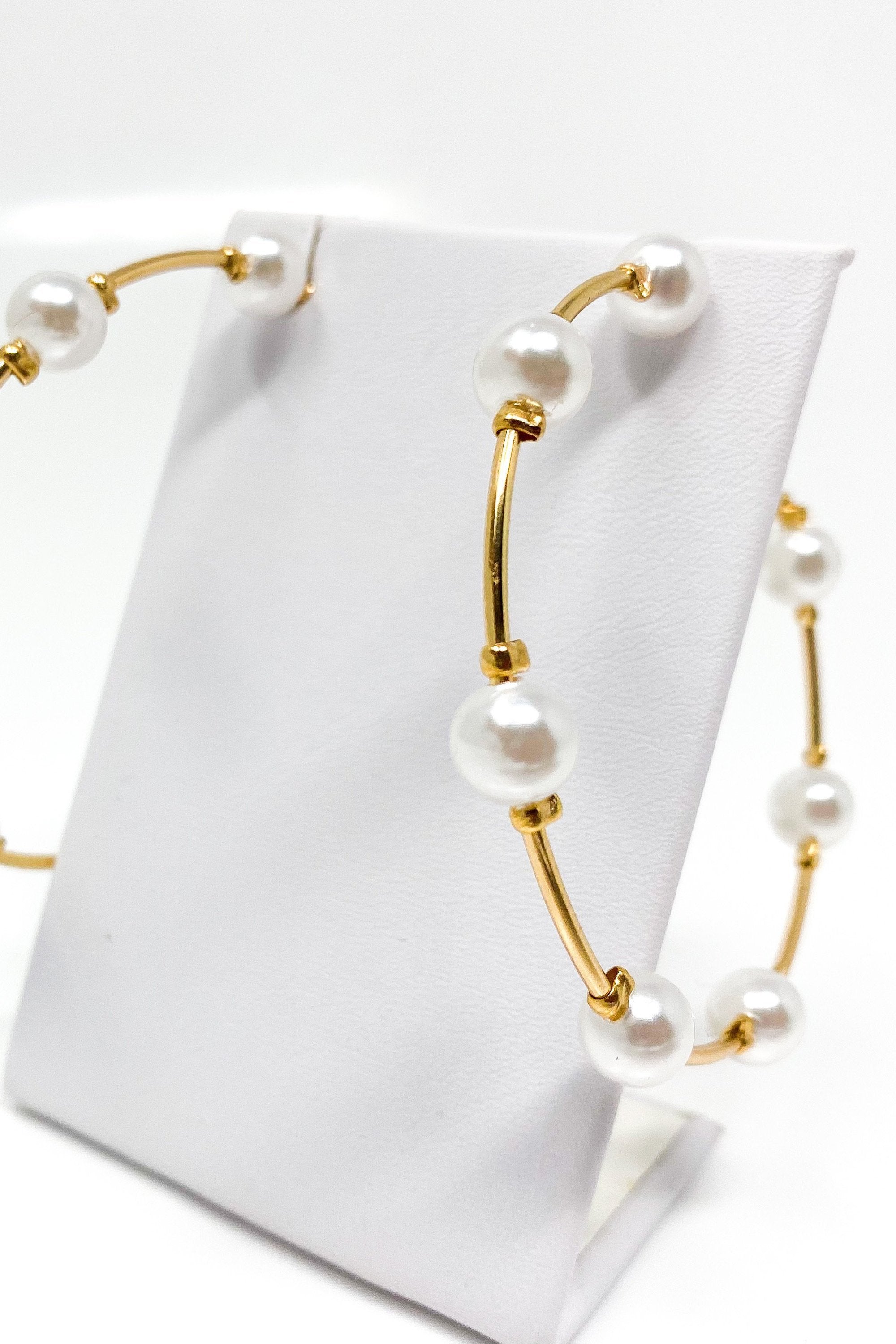 Gold Pearl Hoop Earrings Elegant Classic Lightweight