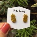 Gold Pineapple Acrylic Earrings Sparkle Studs Tropical