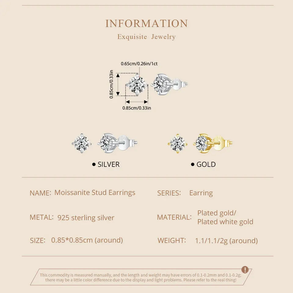 Gold Plated Moissanite Stud Earrings 925 Sterling Silver Engagement Bridal Gift BandsCo Straps