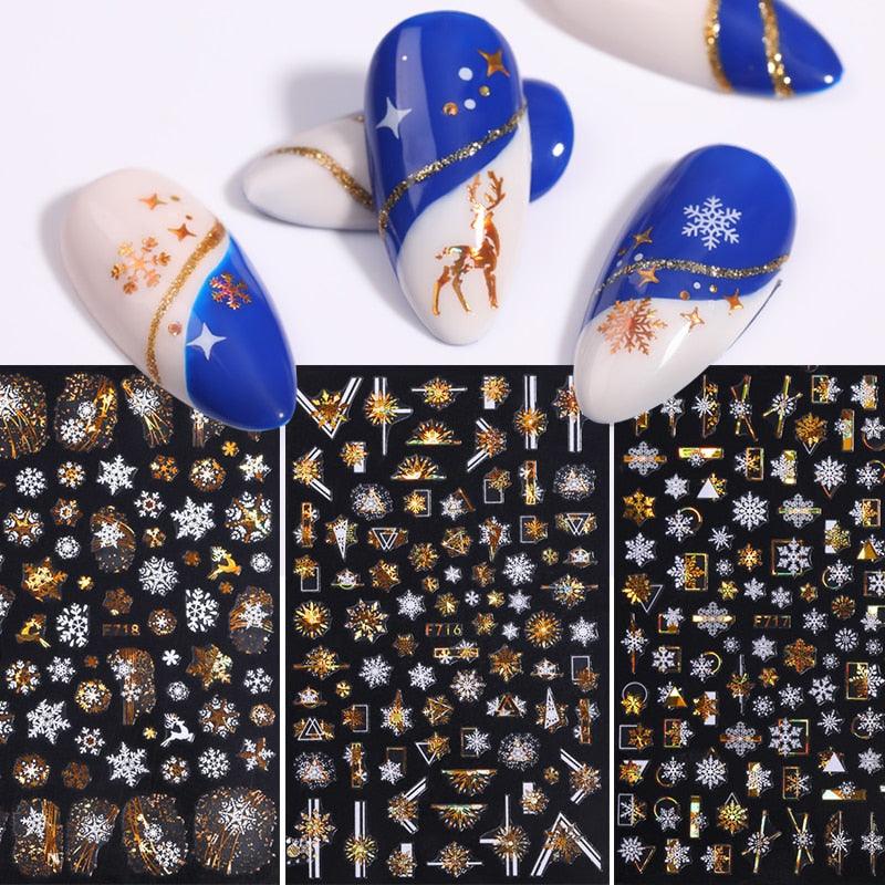 Gold Silver White Snowflakes 3D Nail Stickers Iridescent Self Adhesive Transfer Decals Manicures Art Decoration Slider  Nails Decals Sticker Hot Sexy Girl Tip Back Glue Decal Cool Lollipop Self Adhesive Acrylic Tips Tool Decoration Stevvex