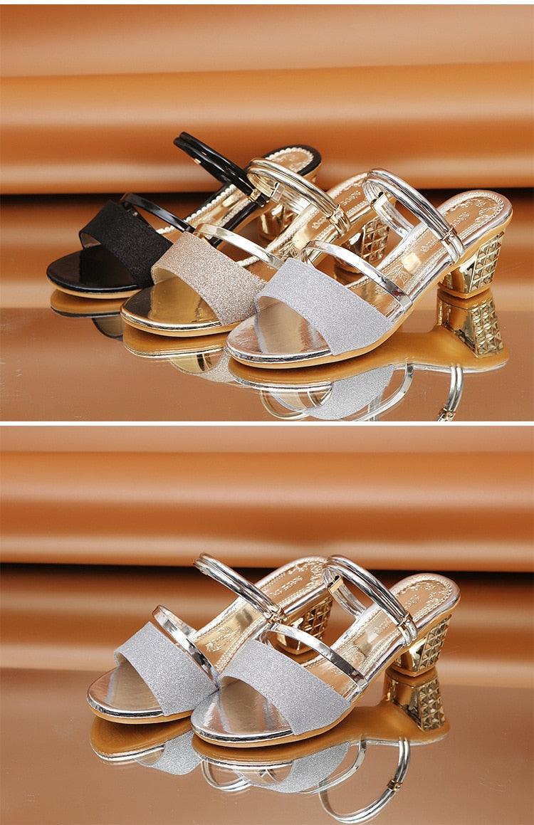Gold Women Sandals Summer Open Toe High Heels Low Heel Shoes Ankle Strap High Women Sandals Women's Open Toe Fashion Ankle Strap Low Heel Dress Party Luxury Sandals Stevvex