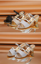 Gold Women Sandals Summer Open Toe High Heels Low Heel Shoes Ankle Strap High Women Sandals Women's Open Toe Fashion Ankle Strap Low Heel Dress Party Luxury Sandals Stevvex