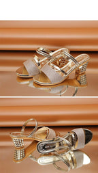 Gold Women Sandals Summer Open Toe High Heels Low Heel Shoes Ankle Strap High Women Sandals Women's Open Toe Fashion Ankle Strap Low Heel Dress Party Luxury Sandals Stevvex