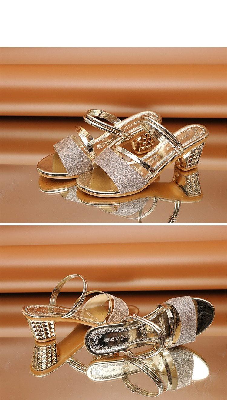 Gold Women Sandals Summer Open Toe High Heels Low Heel Shoes Ankle Strap High Women Sandals Women's Open Toe Fashion Ankle Strap Low Heel Dress Party Luxury Sandals Stevvex