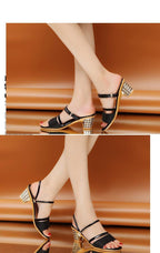 Gold Women Sandals Summer Open Toe High Heels Low Heel Shoes Ankle Strap High Women Sandals Women's Open Toe Fashion Ankle Strap Low Heel Dress Party Luxury Sandals Stevvex