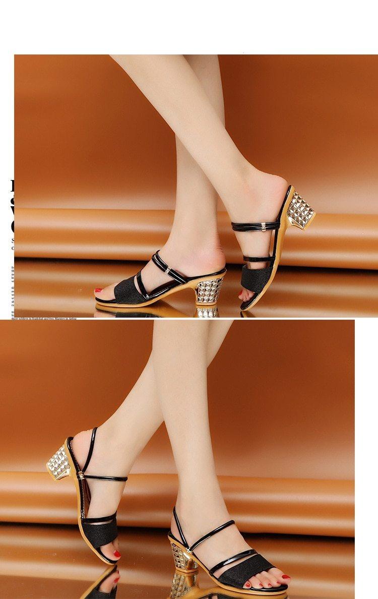 Gold Women Sandals Summer Open Toe High Heels Low Heel Shoes Ankle Strap High Women Sandals Women's Open Toe Fashion Ankle Strap Low Heel Dress Party Luxury Sandals Stevvex