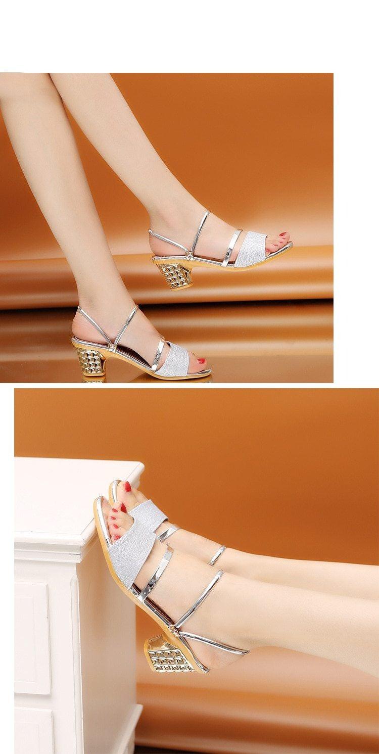 Gold Women Sandals Summer Open Toe High Heels Low Heel Shoes Ankle Strap High Women Sandals Women's Open Toe Fashion Ankle Strap Low Heel Dress Party Luxury Sandals Stevvex