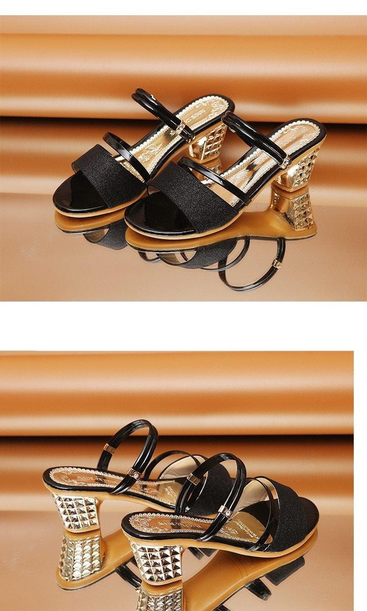 Gold Women Sandals Summer Open Toe High Heels Low Heel Shoes Ankle Strap High Women Sandals Women's Open Toe Fashion Ankle Strap Low Heel Dress Party Luxury Sandals Stevvex