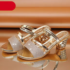 Gold Women Sandals Summer Open Toe High Heels Low Heel Shoes Ankle Strap High Women Sandals Women's Open Toe Fashion Ankle Strap Low Heel Dress Party Luxury Sandals Stevvex