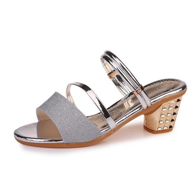 Gold Women Sandals Summer Open Toe High Heels Low Heel Shoes Ankle Strap High Women Sandals Women's Open Toe Fashion Ankle Strap Low Heel Dress Party Luxury Sandals Stevvex