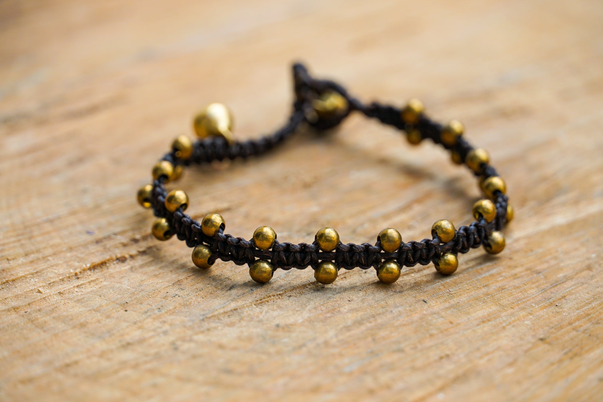 Golden Beaded Boho Brass Bracelet With Adjustable Cord