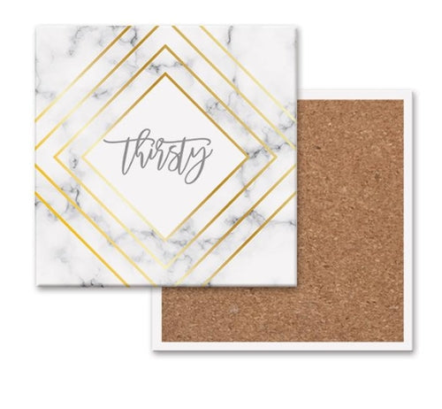 Golden Geometric Ceramic Coaster 4 Inch Cork Back Modern Thirsty Coaster Single Or Set BandsCo Straps