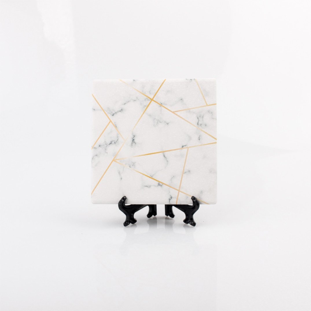 Golden Geometric Ceramic Coaster 4 Inch Cork Back Modern Thirsty Coaster Single Or Set BandsCo Straps