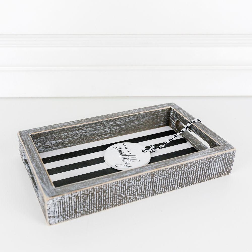 Farmhouse Modern Wooden Tray Black White Striped Decorative Serving Tray 10 x 6 x 1.5 Inch BandsCo Straps