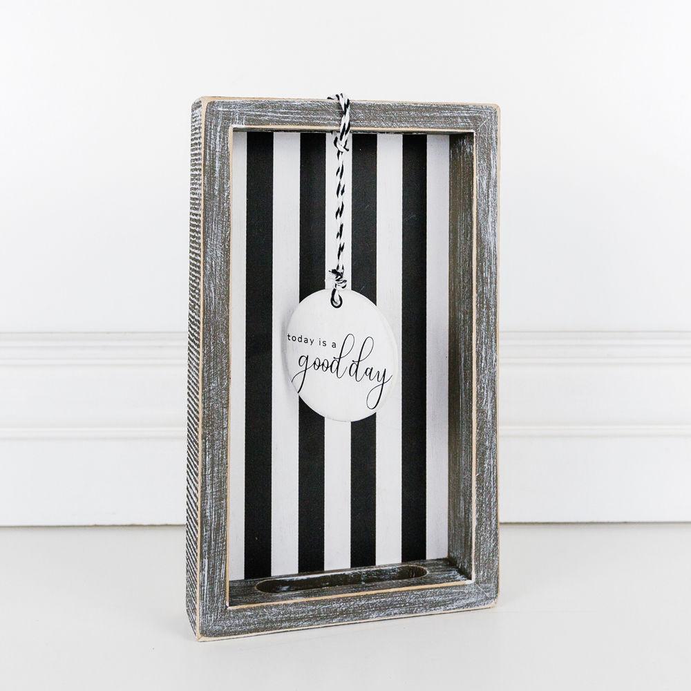 Farmhouse Modern Wooden Tray Black White Striped Decorative Serving Tray 10 x 6 x 1.5 Inch BandsCo Straps