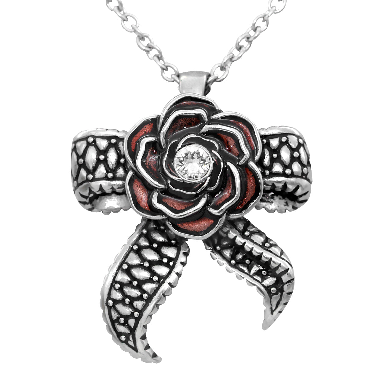 Gothic Rose Necklace With Tentacle Bow Pendant Silver