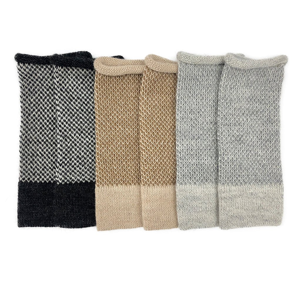 Gray Interwoven Alpaca Fingerless Gloves Long Wrist Warmers With Thumb Slit BandsCo Straps