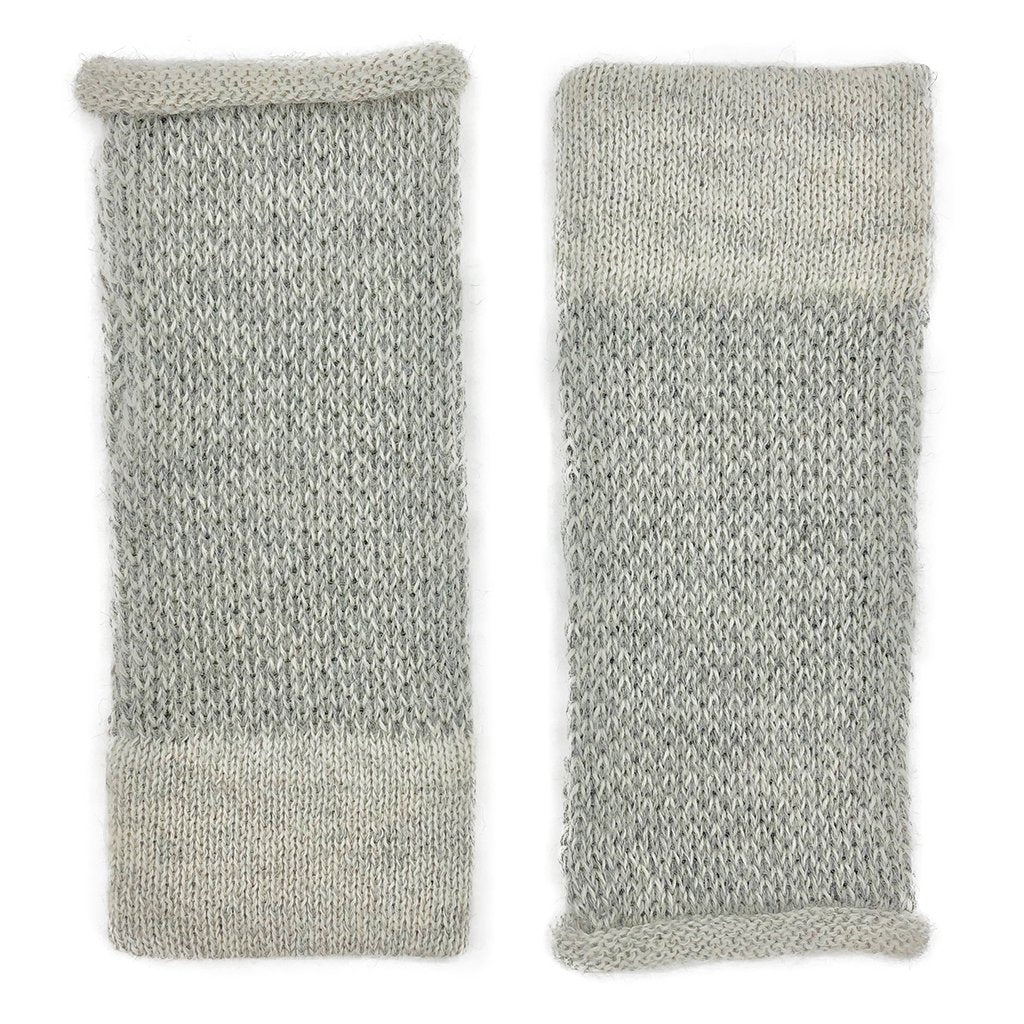 Gray Interwoven Alpaca Fingerless Gloves Long Wrist Warmers With Thumb Slit BandsCo Straps