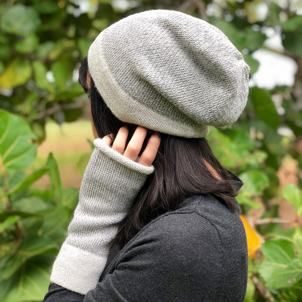 Gray Interwoven Alpaca Fingerless Gloves Long Wrist Warmers With Thumb Slit BandsCo Straps