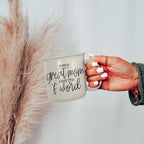 14.5oz Ceramic Campfire Mug - Every Great Mom Says, Speckled Ivory Double-Sided BandsCo Straps