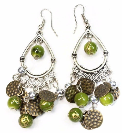 Green Beaded Chandelier Earrings Boho Dangle Statement