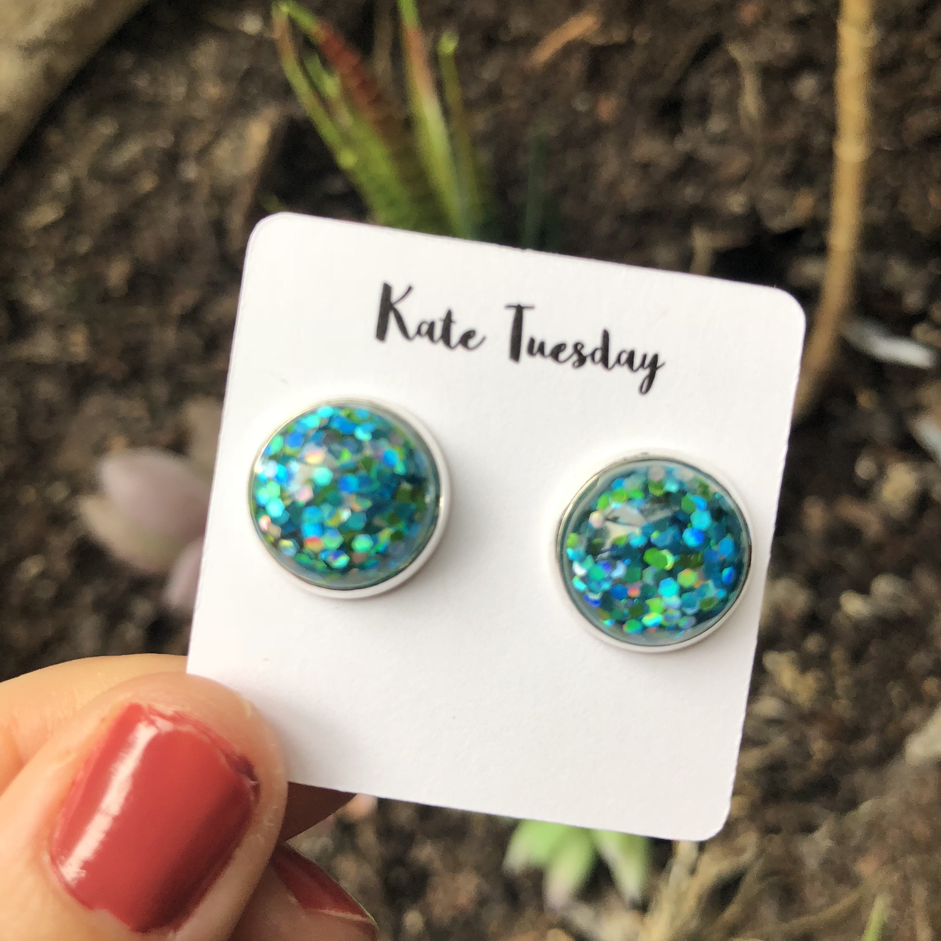 Green Blue Glitter Stud Earrings Hypoallergenic Resin