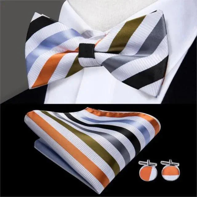 Green Color Silk Butterfly Pre-Tied Bow Tie Pocket Square Cufflinks Suit Set For Men Silk Adjustable Self Bowtie Formal Bowtie Set Stevvex