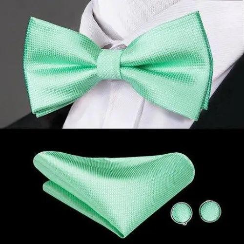 Green Color Silk Butterfly Pre-Tied Bow Tie Pocket Square Cufflinks Suit Set For Men Silk Adjustable Self Bowtie Formal Bowtie Set Stevvex